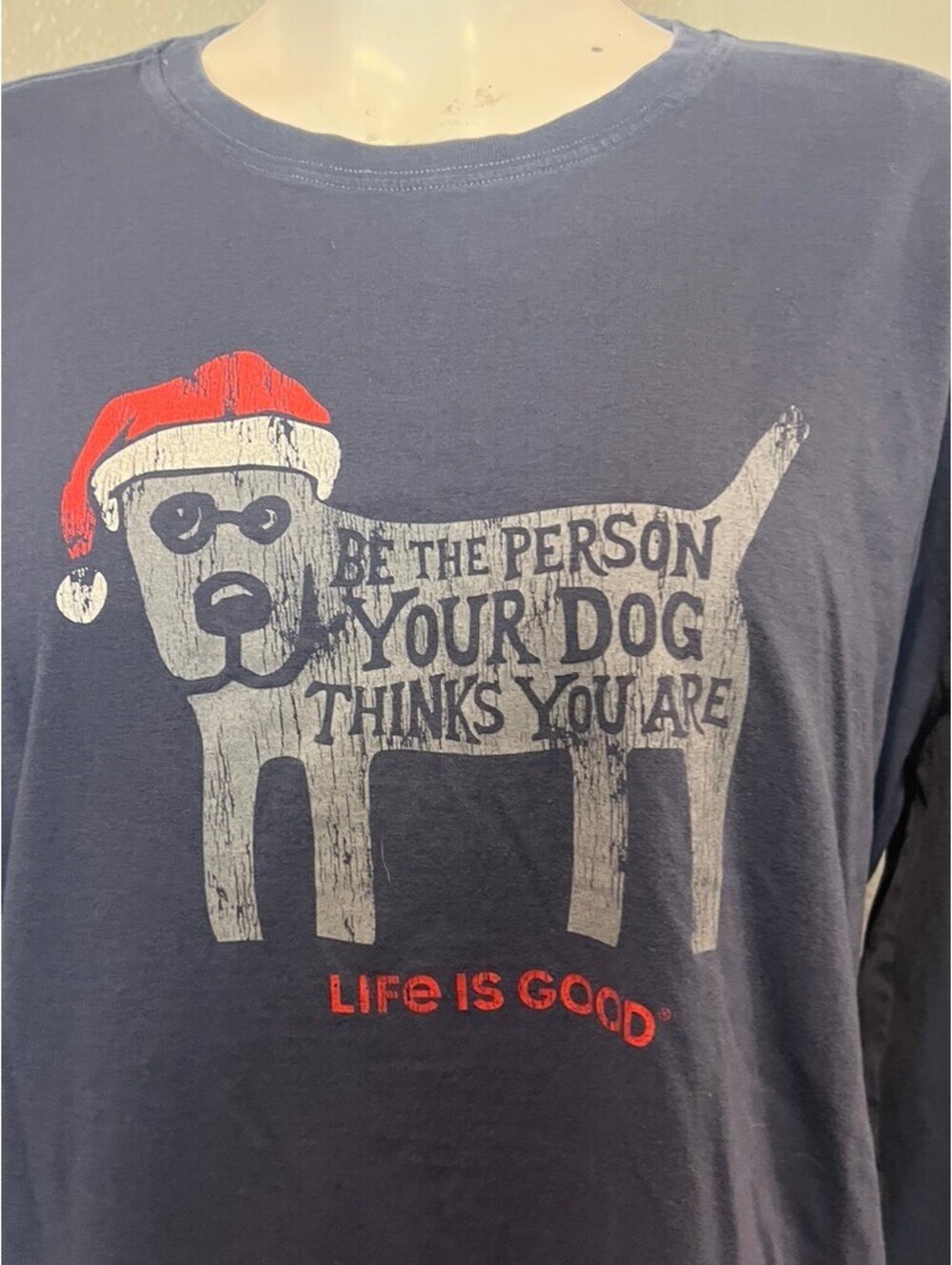 Life is Good Crusher Tee XL Christmas Dog Santa Long Sleeve Shirt Navy